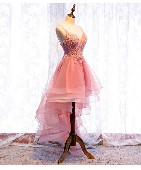 Pink Tulle Lace Applique V-neckline High Low Straps Homecoming Dress Prom Dress