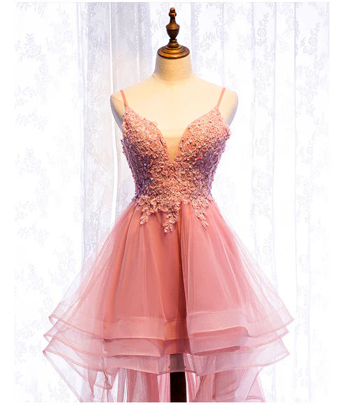 Pink Tulle Lace Applique V-neckline High Low Straps Homecoming Dress Prom Dress