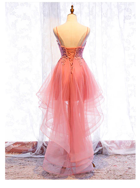 Pink Tulle Lace Applique V-neckline High Low Straps Homecoming Dress Prom Dress