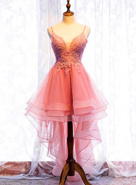 Pink Tulle Lace Applique V-neckline High Low Straps Homecoming Dress Prom Dress