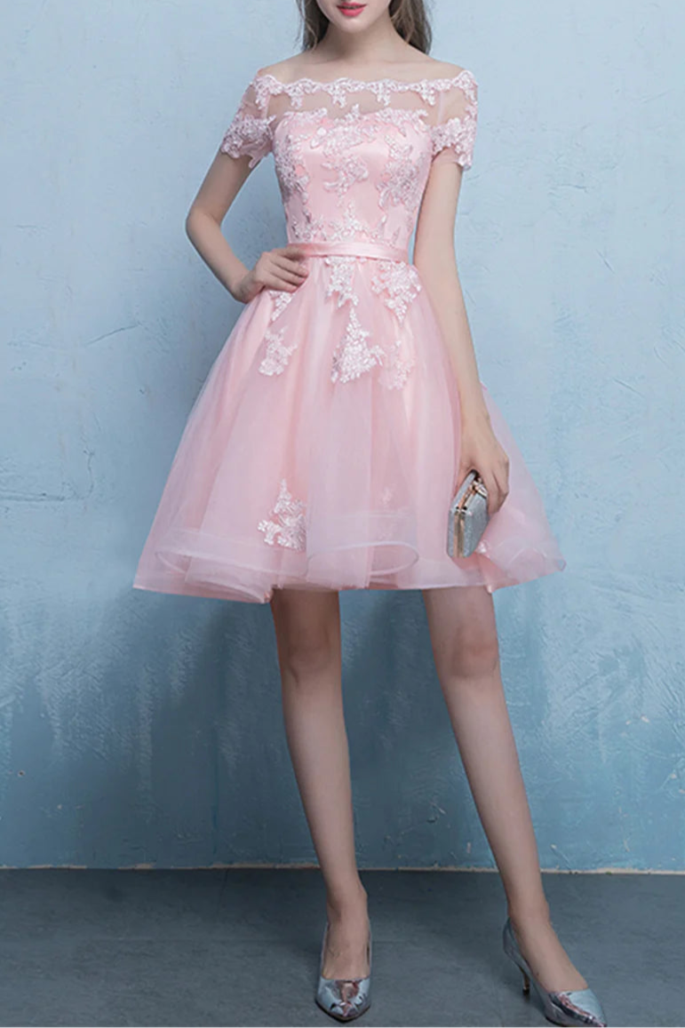 Pink Tulle Lace Off-the-Shoulder Short Prom Dress High Low Knee Length Evening Party Dress