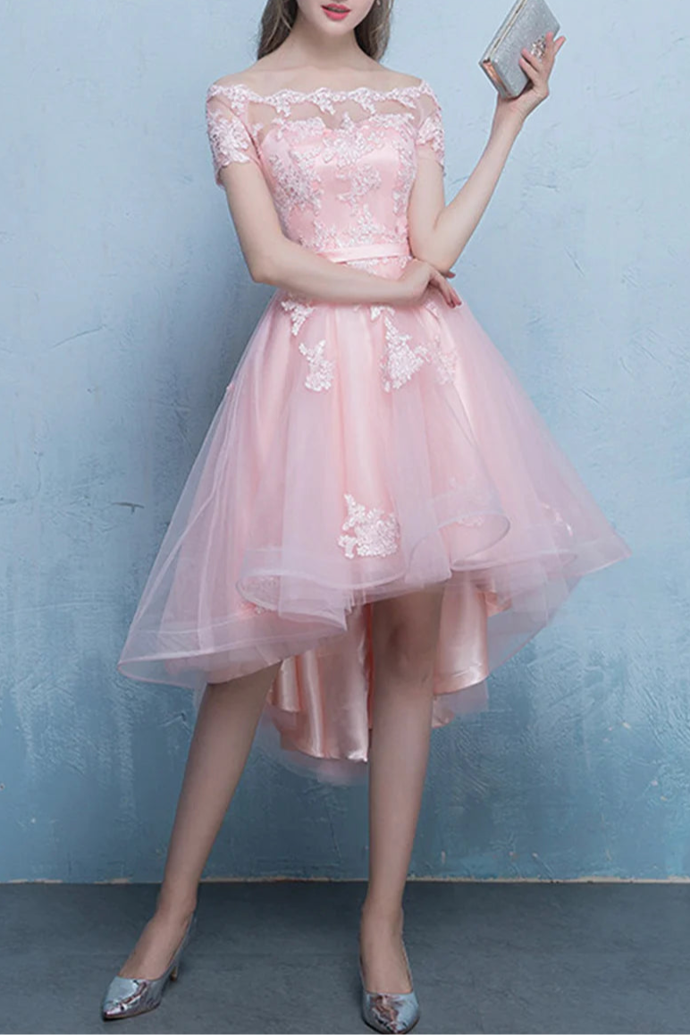 Pink Tulle Lace Off-the-Shoulder Short Prom Dress High Low Knee Length Evening Party Dress