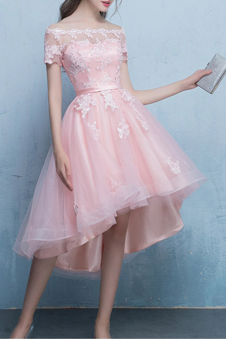 Pink Tulle Lace Off-the-Shoulder Short Prom Dress High Low Knee Length Evening Party Dress
