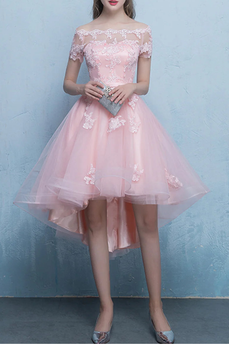 Pink Tulle Lace Off-the-Shoulder Short Prom Dress High Low Knee Length Evening Party Dress