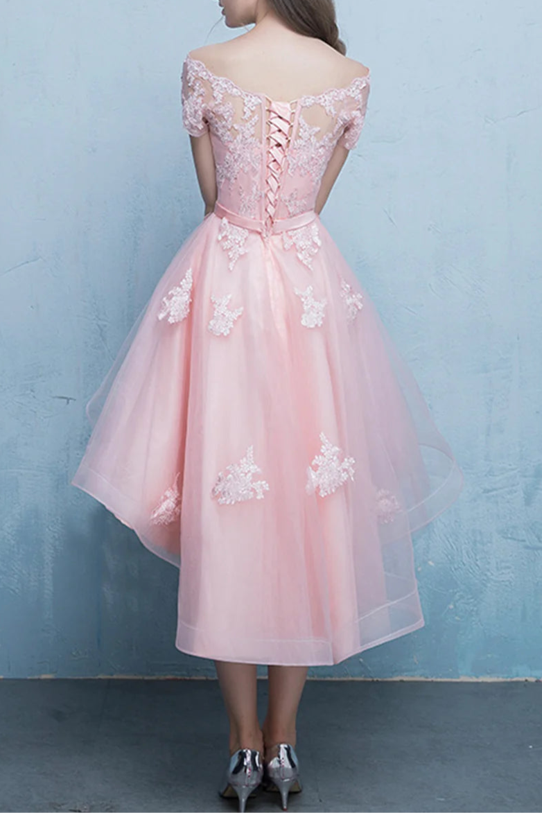 Pink Tulle Lace Off-the-Shoulder Short Prom Dress High Low Knee Length Evening Party Dress