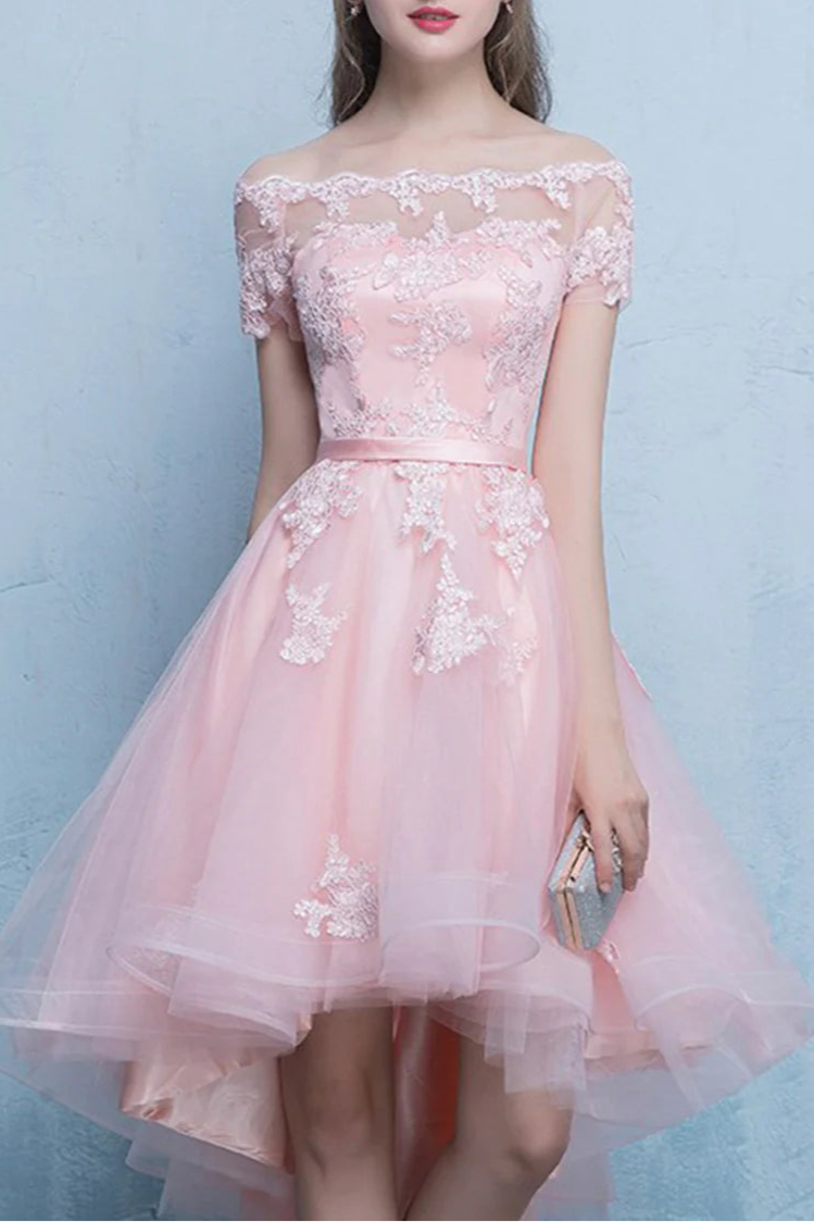 Pink Tulle Lace Off-the-Shoulder Short Prom Dress High Low Knee Length Evening Party Dress