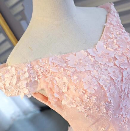Pink Tulle Lace With Applique Off Shoulder Long Formal Dress Homecoming Dress