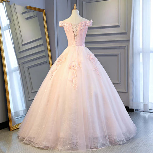 Pink Tulle Lace With Applique Off Shoulder Long Formal Dress Homecoming Dress
