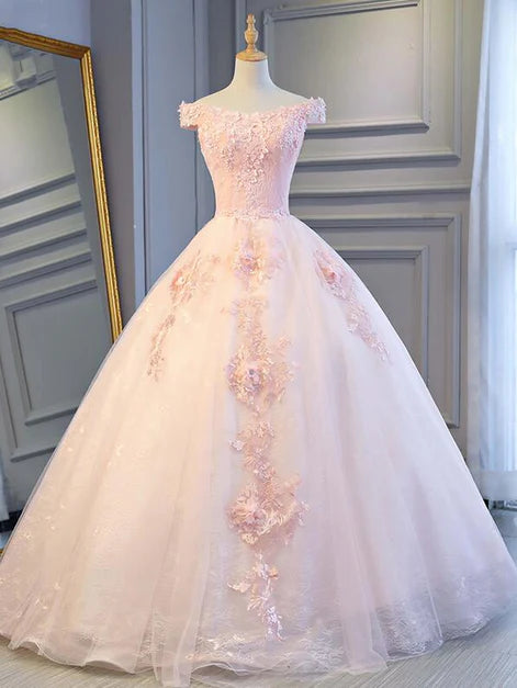Pink Tulle Lace With Applique Off Shoulder Long Formal Dress Homecoming Dress