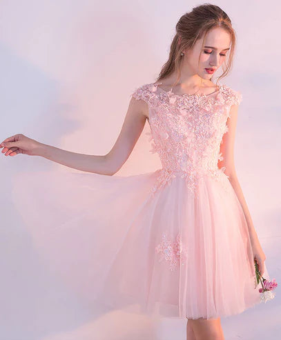 Pink Tulle Lace With Applique Short Prom Dress Homecoming Dress