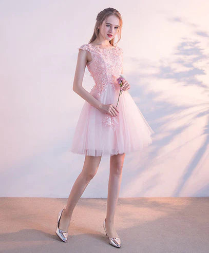 Pink Tulle Lace With Applique Short Prom Dress Homecoming Dress