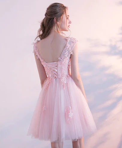 Pink Tulle Lace With Applique Short Prom Dress Homecoming Dress