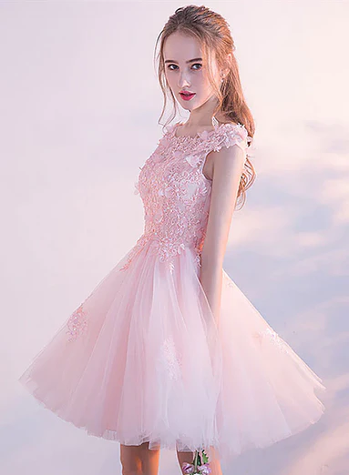 Pink Tulle Lace With Applique Short Prom Dress Homecoming Dress