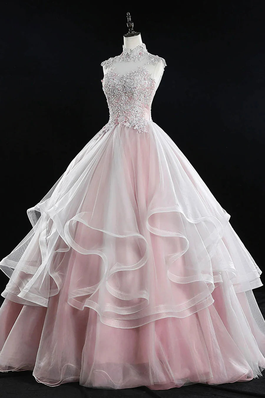 Pink Tulle Lace With Beaded Open Back Long Quinceanera Dress Wedding Dress