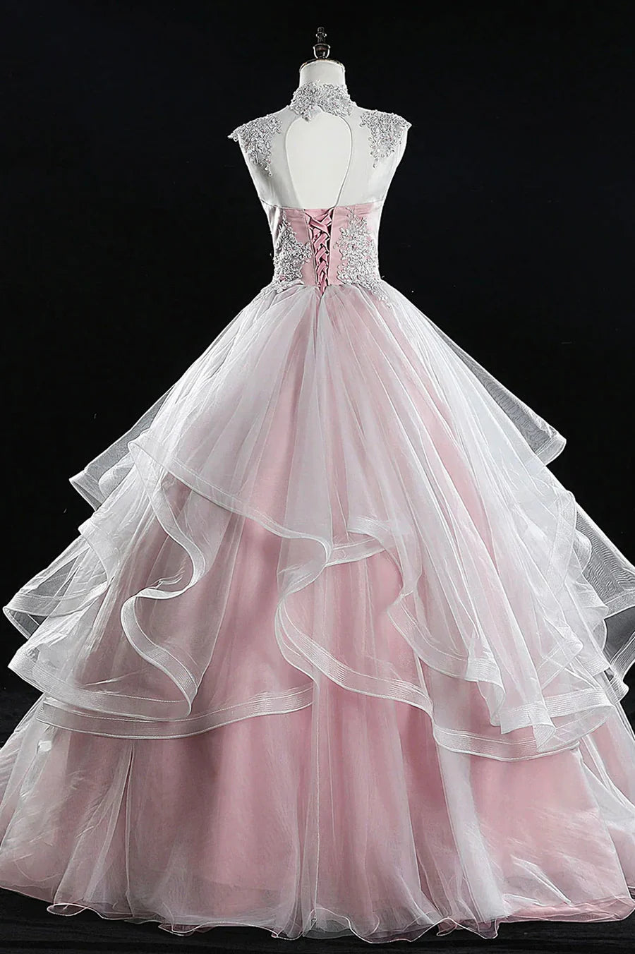 Pink Tulle Lace With Beaded Open Back Long Quinceanera Dress Wedding Dress