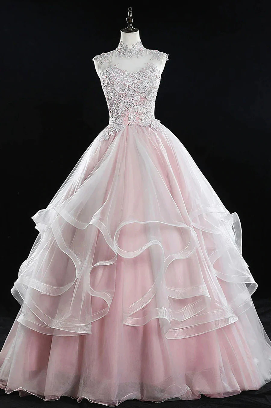 Pink Tulle Lace With Beaded Open Back Long Quinceanera Dress Wedding Dress