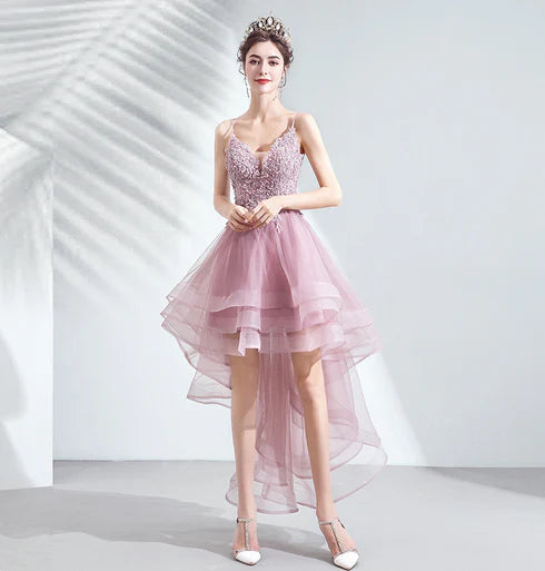 Pink Tulle Lace With Beaded Spaghetti Straps High Low V-neckline Prom Dress Homecoming Dress