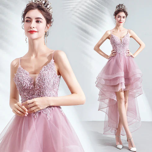 Pink Tulle Lace With Beaded Spaghetti Straps High Low V-neckline Prom Dress Homecoming Dress