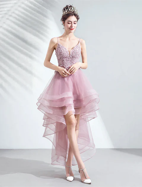Pink Tulle Lace With Beaded Spaghetti Straps High Low V-neckline Prom Dress Homecoming Dress