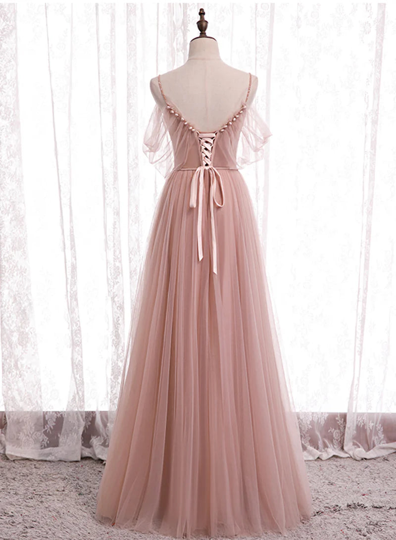 Pink Tulle Long Round Neck Prom Dresses A-Line Evening Party Dresses With Beaded