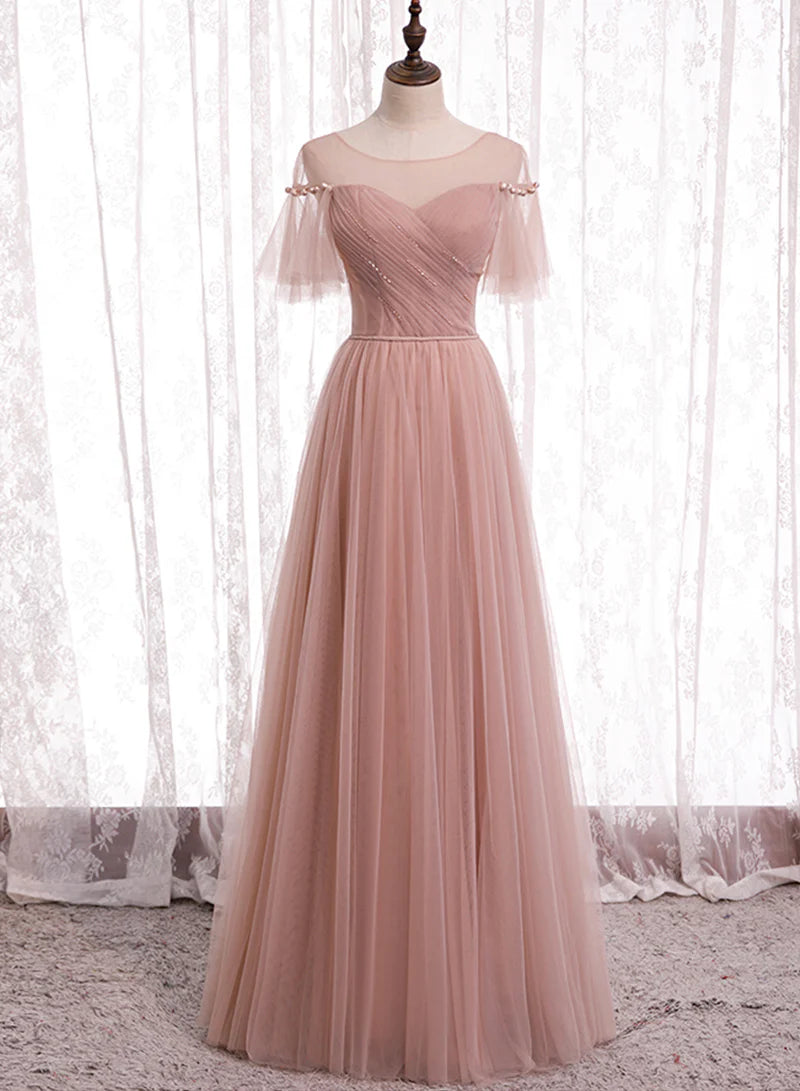 Pink Tulle Long Round Neck Prom Dresses A-Line Evening Party Dresses With Beaded
