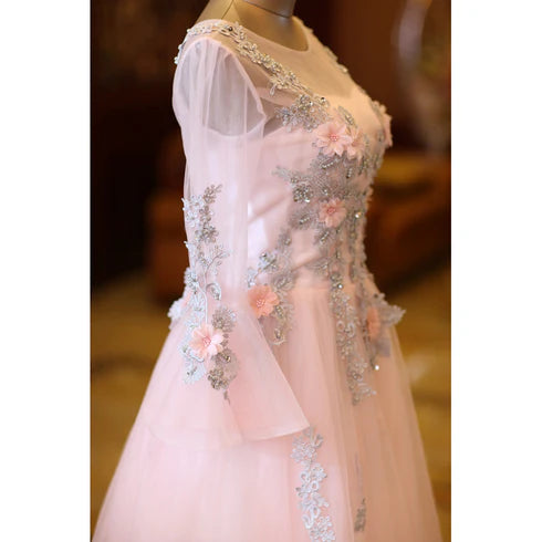 Pink Tulle Long Sleeves Knee Length Sequins With Applique Party Dress Homecoming Dress