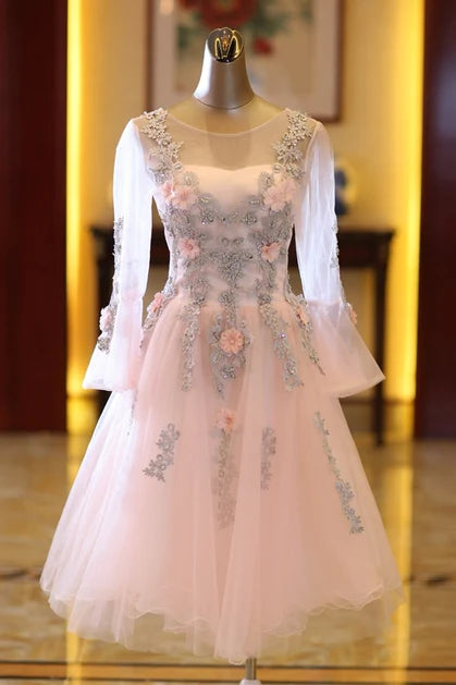 Pink Tulle Long Sleeves Knee Length Sequins With Applique Party Dress Homecoming Dress
