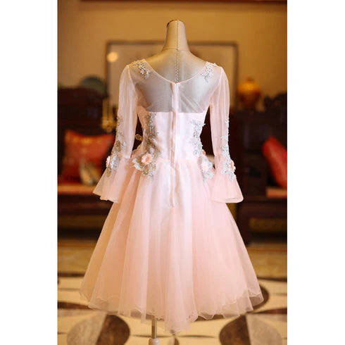 Pink Tulle Long Sleeves Knee Length Sequins With Applique Party Dress Homecoming Dress