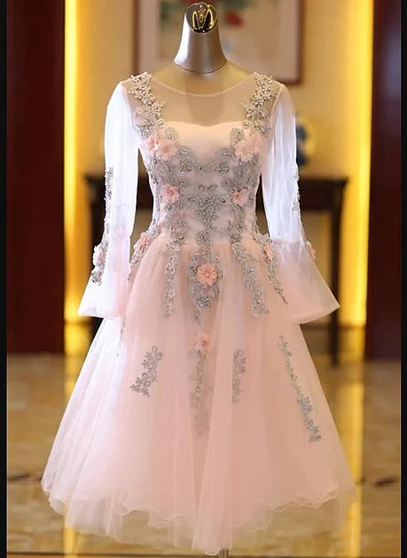 Pink Tulle Long Sleeves Knee Length Sequins With Applique Party Dress Homecoming Dress