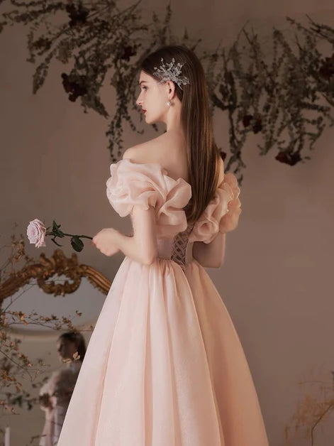 Pink Tulle Off Shoulder Ankle Length Party Dress Homecoming Dresses