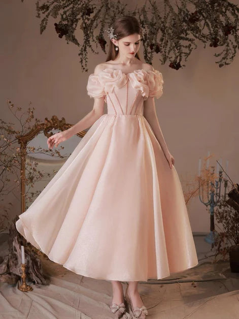 Pink Tulle Off Shoulder Ankle Length Party Dress Homecoming Dresses