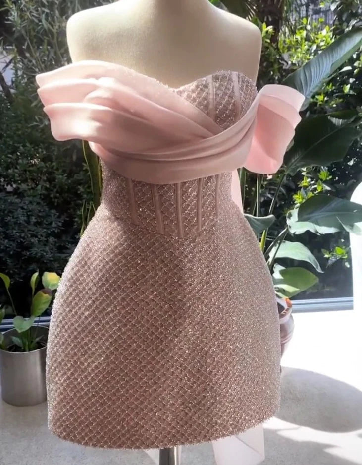 Pink Tulle Off The Shoulder Short Prom Dress Birthday Party Dress Discount Short Homecoming Dress