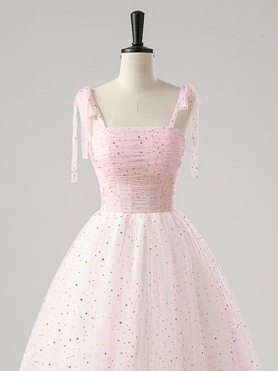 Pink Tulle Pleated Spaghetti Strap A-Line Long Prom Dress Evening Party Dress