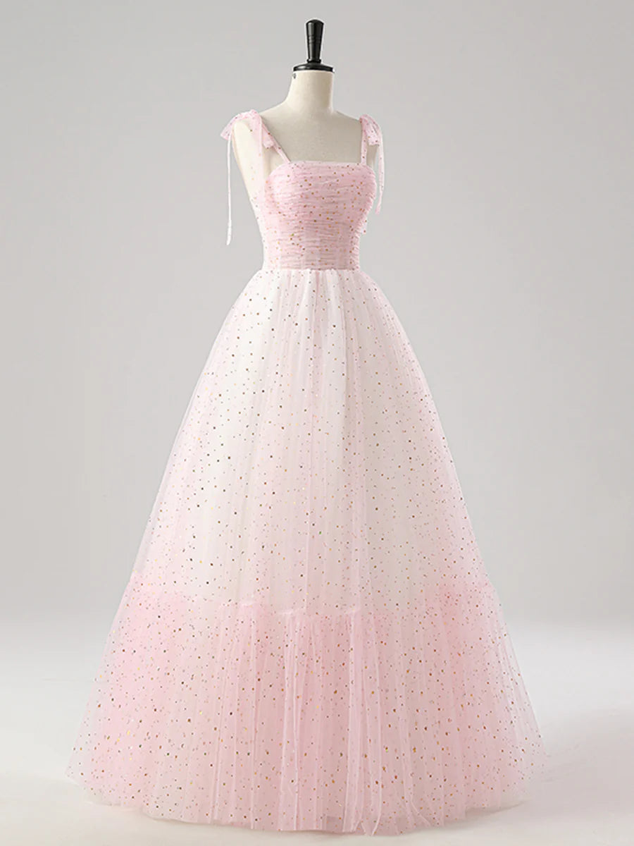 Pink Tulle Pleated Spaghetti Strap A-Line Long Prom Dress Evening Party Dress