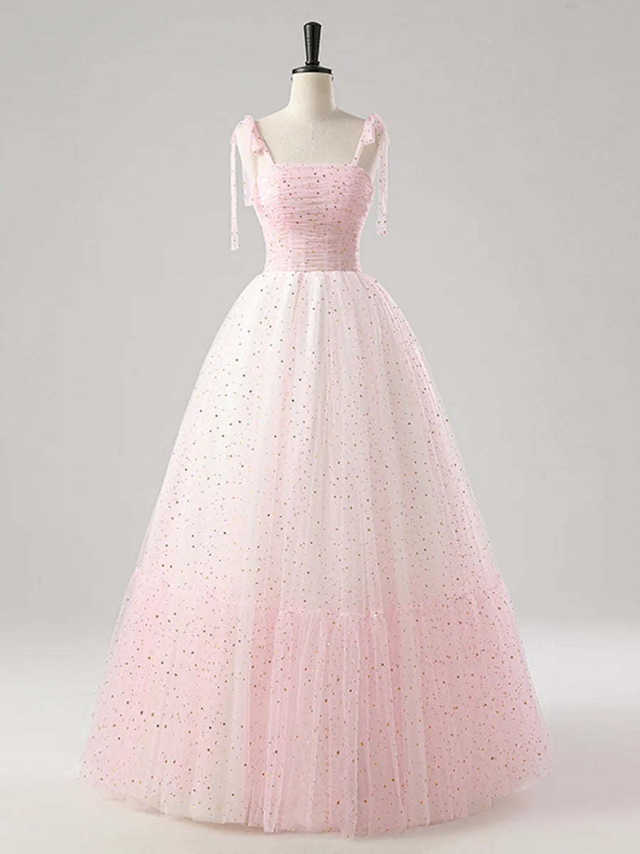 Pink Tulle Pleated Spaghetti Strap A-Line Long Prom Dress Evening Party Dress
