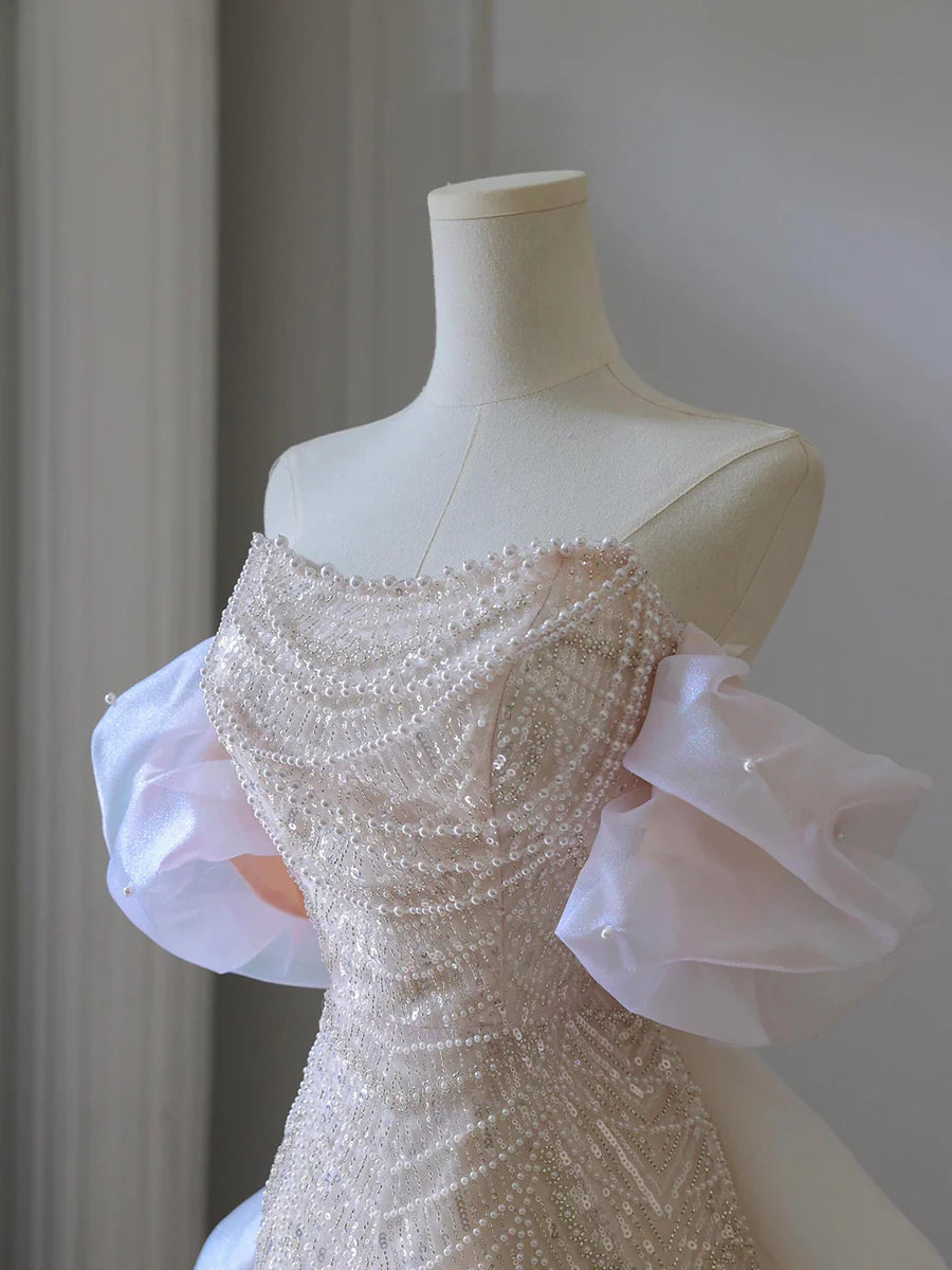 Pink Tulle Sequins Pearls Strapless A-Line Floor Length Long Prom Dress Party Dress