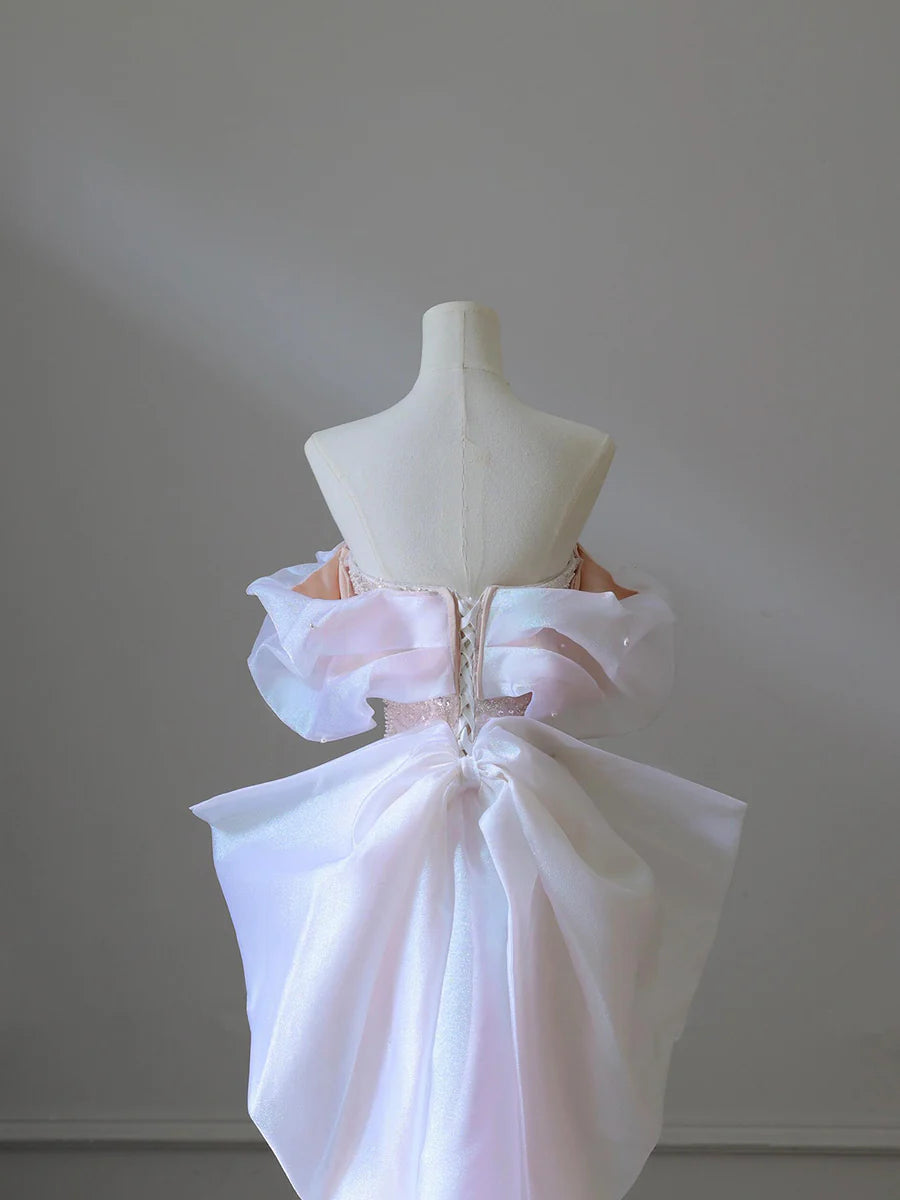 Pink Tulle Sequins Pearls Strapless A-Line Floor Length Long Prom Dress Party Dress