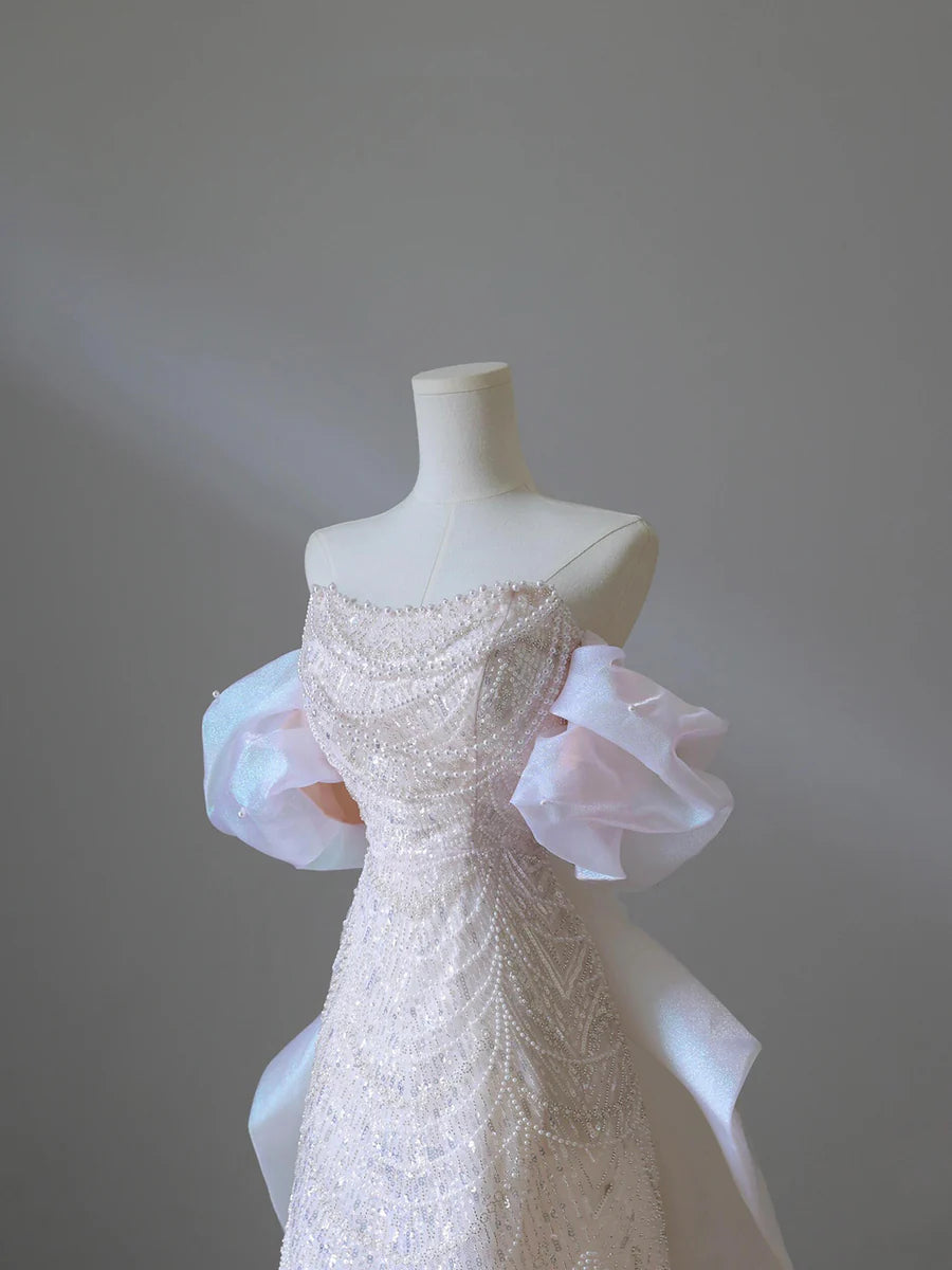 Pink Tulle Sequins Pearls Strapless A-Line Floor Length Long Prom Dress Party Dress