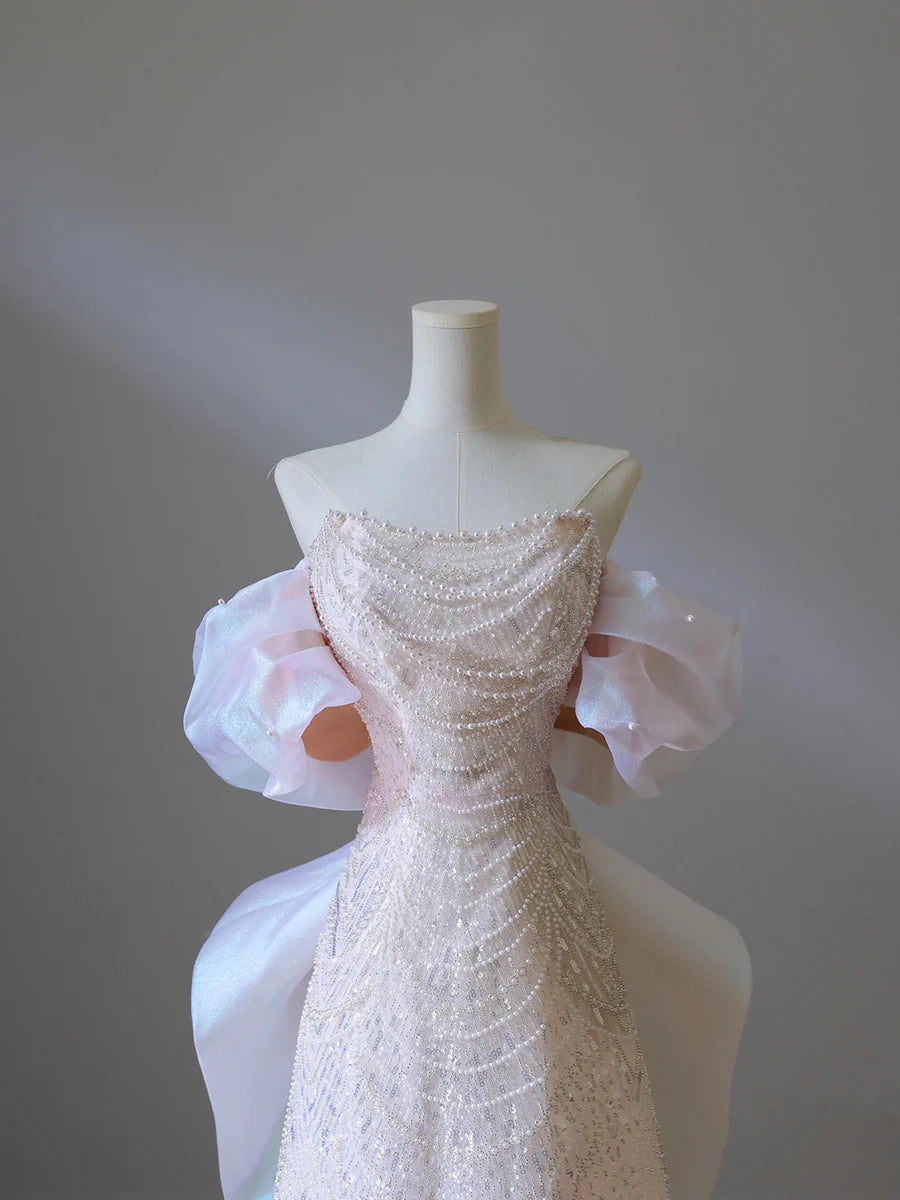 Pink Tulle Sequins Pearls Strapless A-Line Floor Length Long Prom Dress Party Dress