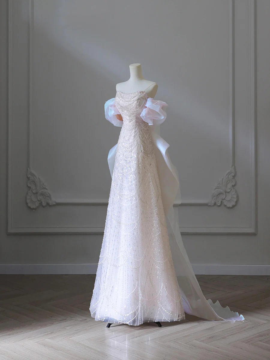 Pink Tulle Sequins Pearls Strapless A-Line Floor Length Long Prom Dress Party Dress