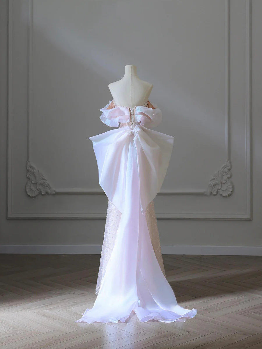 Pink Tulle Sequins Pearls Strapless A-Line Floor Length Long Prom Dress Party Dress