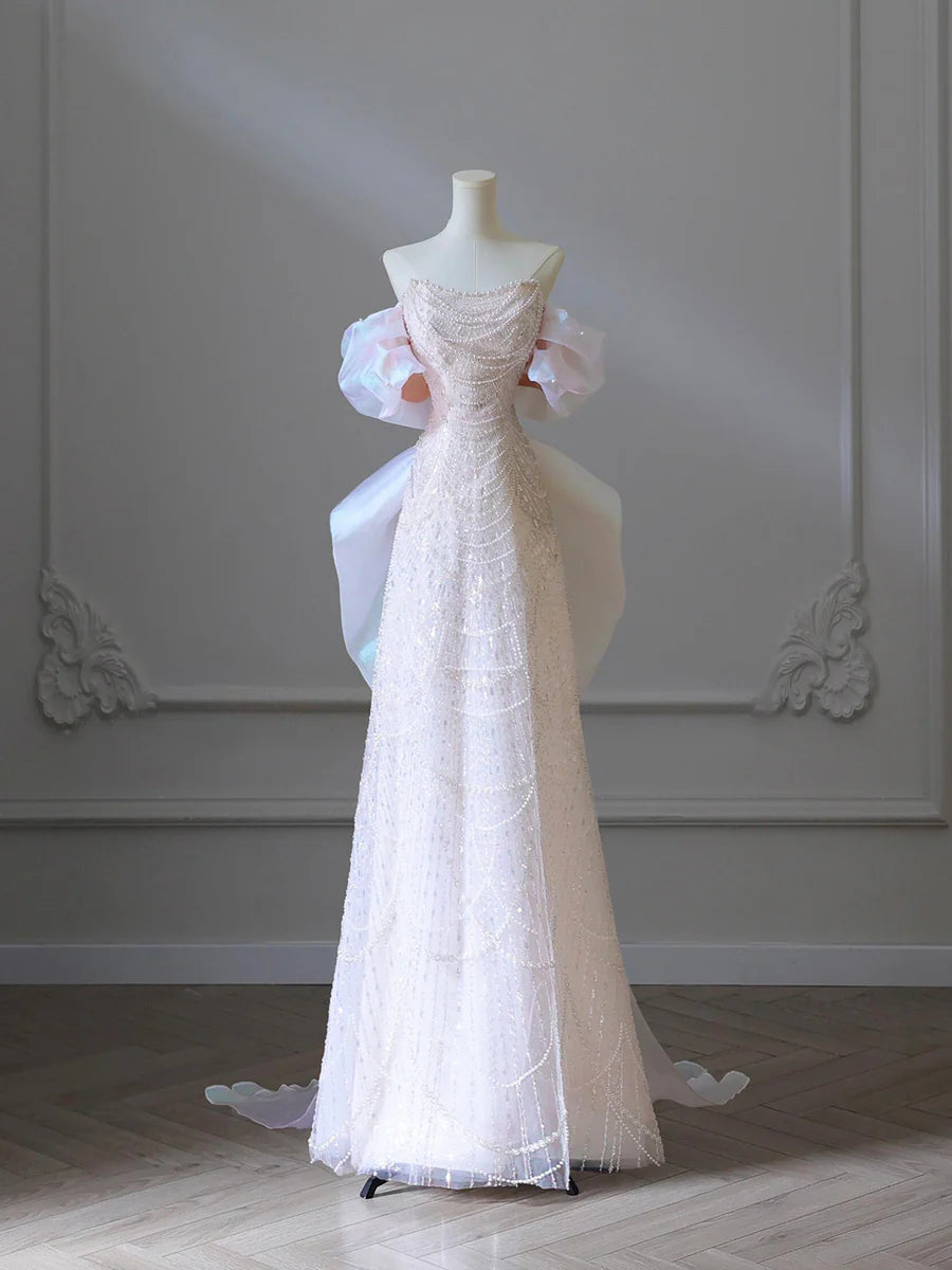 Pink Tulle Sequins Pearls Strapless A-Line Floor Length Long Prom Dress Party Dress