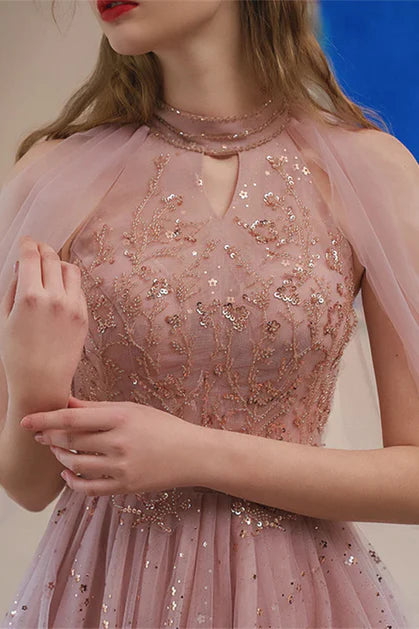 Pink Tulle Sequins With Applique Half High Neck Short Homecoming Dress Prom Dress