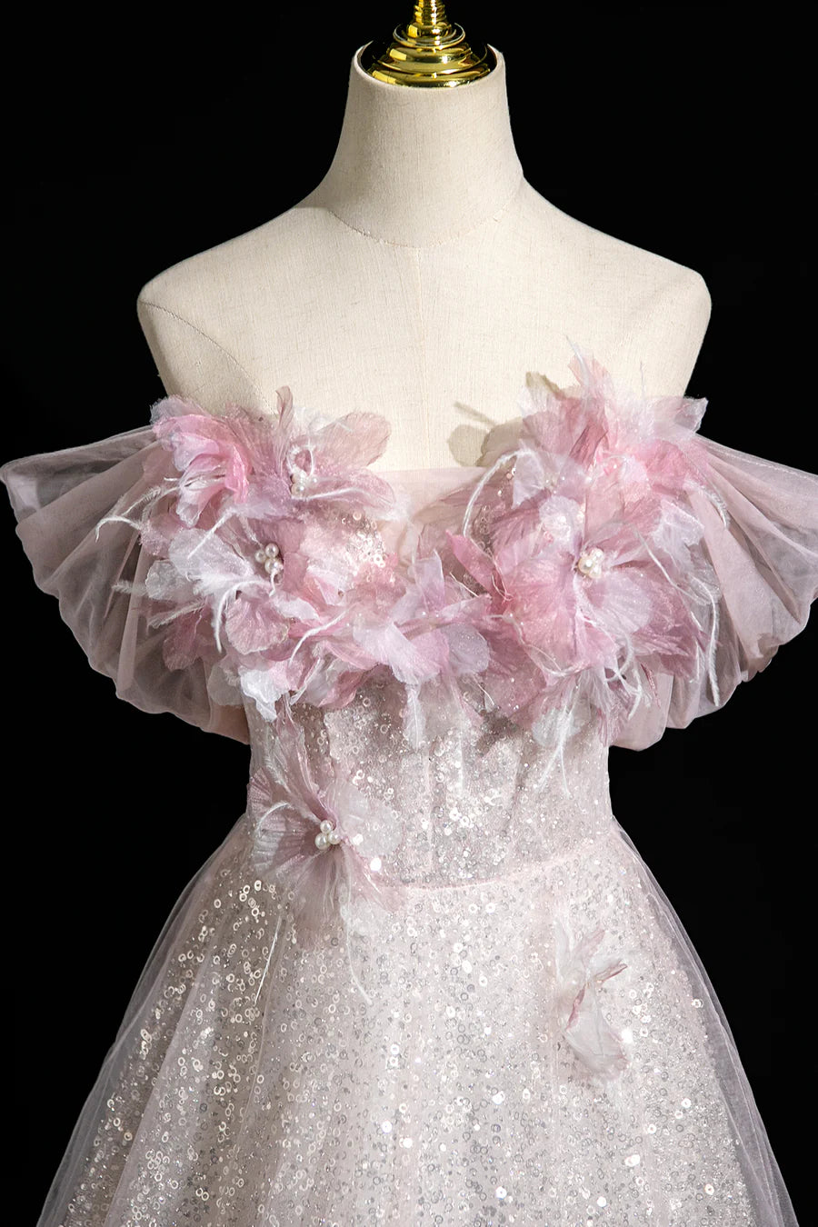 Pink Tulle Sequins With Applique Off the Shoulder Long Prom Dress Party Dress