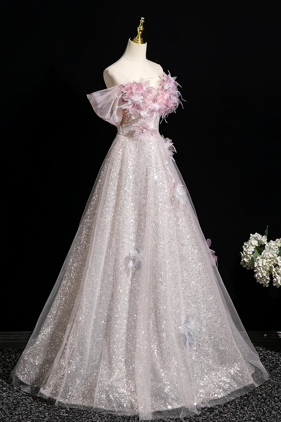 Pink Tulle Sequins With Applique Off the Shoulder Long Prom Dress Party Dress