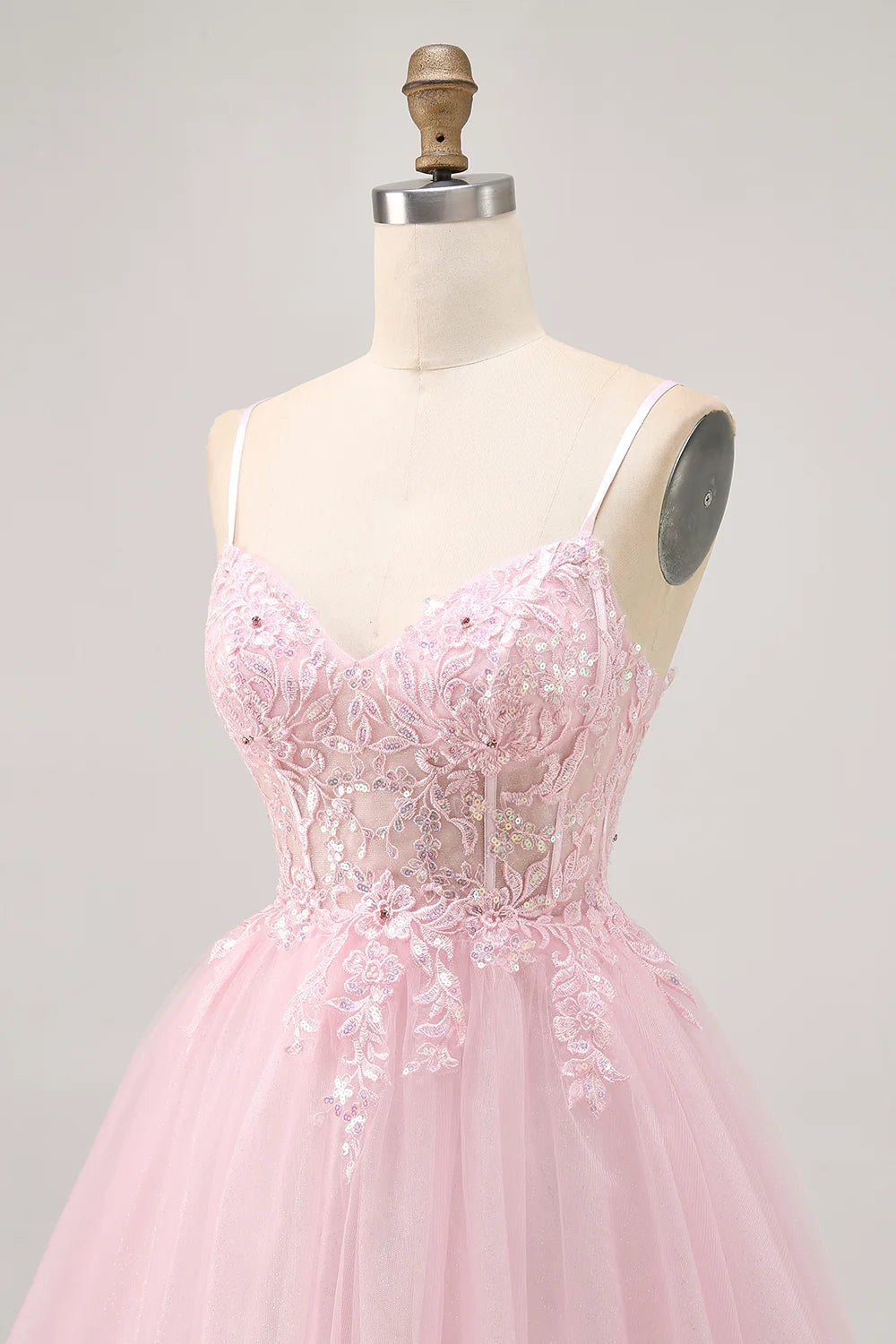 Pink Tulle Sequins With Appliques Spaghetti Straps A Line Corset Short Homecoming Dress Party Dress