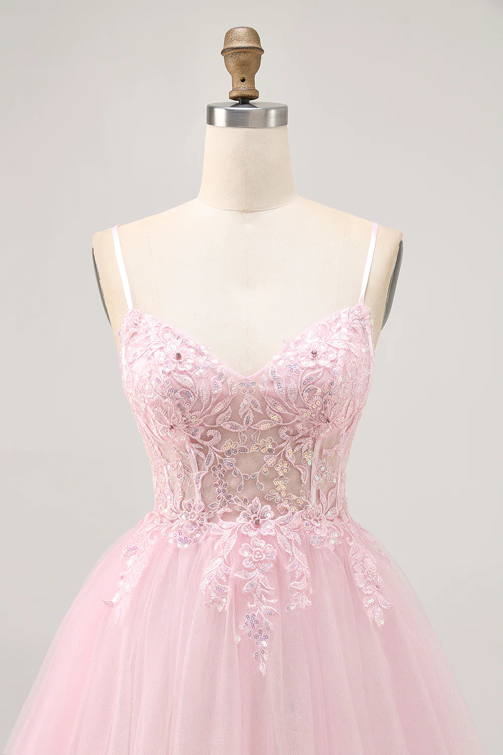 Pink Tulle Sequins With Appliques Spaghetti Straps A Line Corset Short Homecoming Dress Party Dress