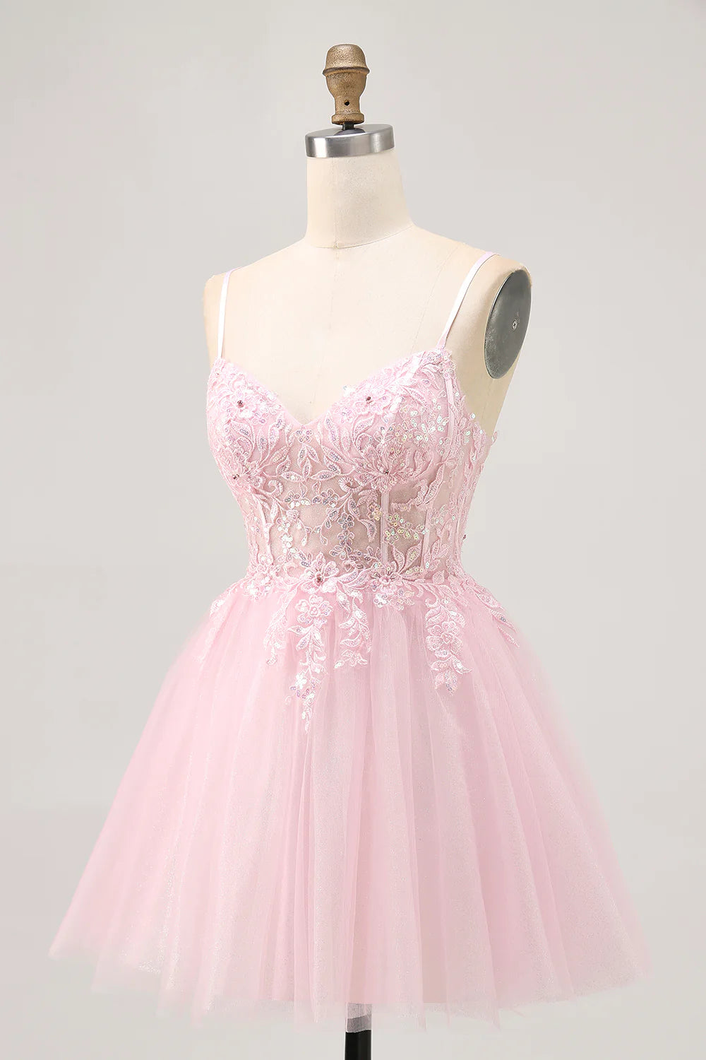 Pink Tulle Sequins With Appliques Spaghetti Straps A Line Corset Short Homecoming Dress Party Dress