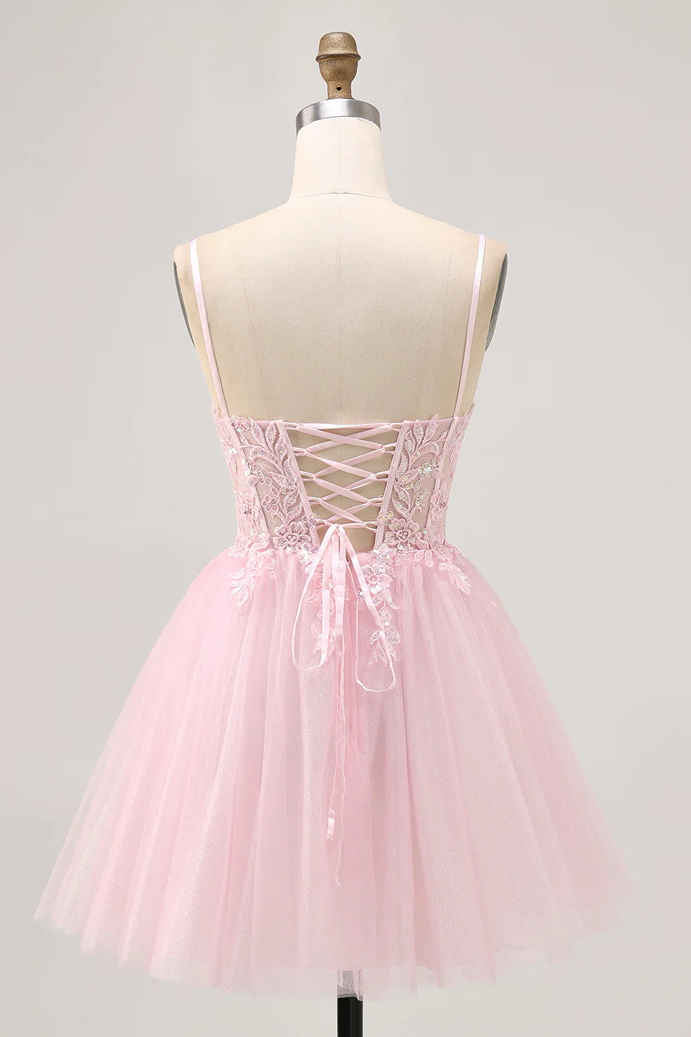 Pink Tulle Sequins With Appliques Spaghetti Straps A Line Corset Short Homecoming Dress Party Dress