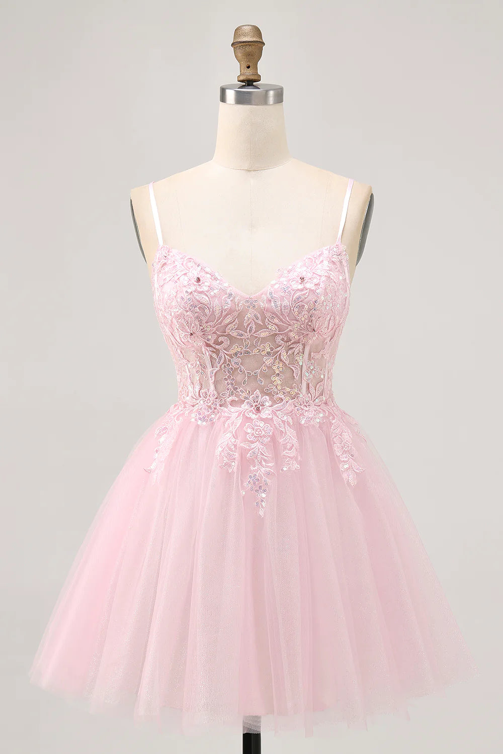 Pink Tulle Sequins With Appliques Spaghetti Straps A Line Corset Short Homecoming Dress Party Dress